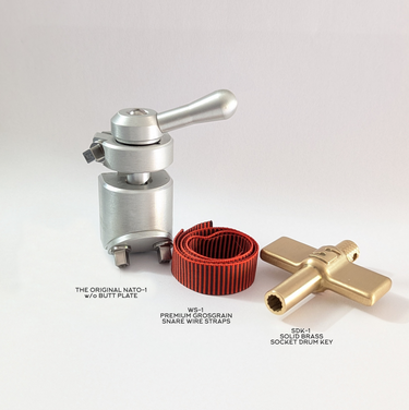 Accessory bundle by Sonique Drums featuring the original NATO-1 throw off with a set of Poly Pro snare wire straps and the socket drum key. Without butt plate