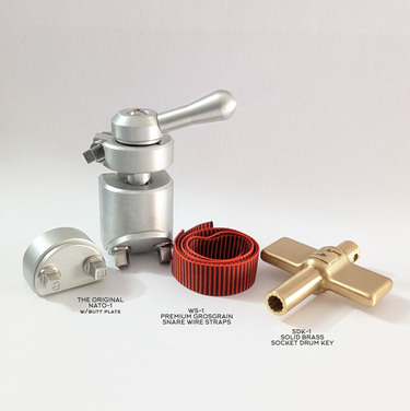 Accessory bundle by Sonique Drums featuring the original NATO-1 throw off with a set of Poly Pro snare wire straps and the socket drum key.