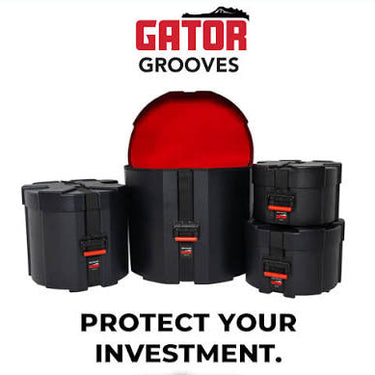 A set of black Gator Grooves hard-shell storage cases with a large red dome lid on the center case, shown on a white background with red border and promotional text.
